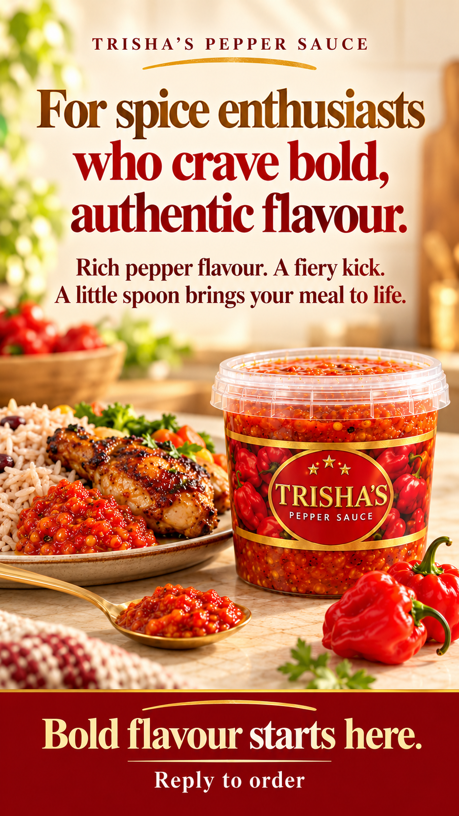 Trisha’s Pepper Sauce with a meal. For spice enthusiasts who crave bold, authentic flavour. Bold flavour starts here.