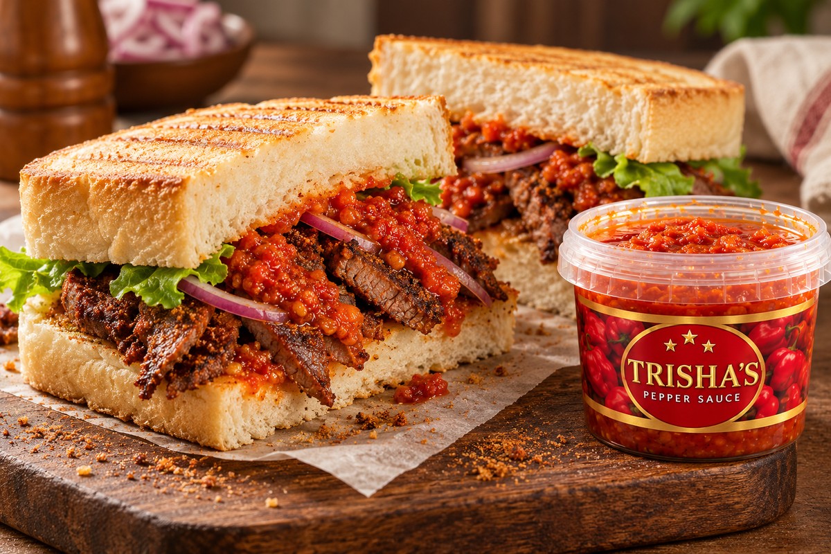 Suya sandwiches in soft Agege-style bread with red onion and Trisha’s Pepper Sauce alongside the labelled tub