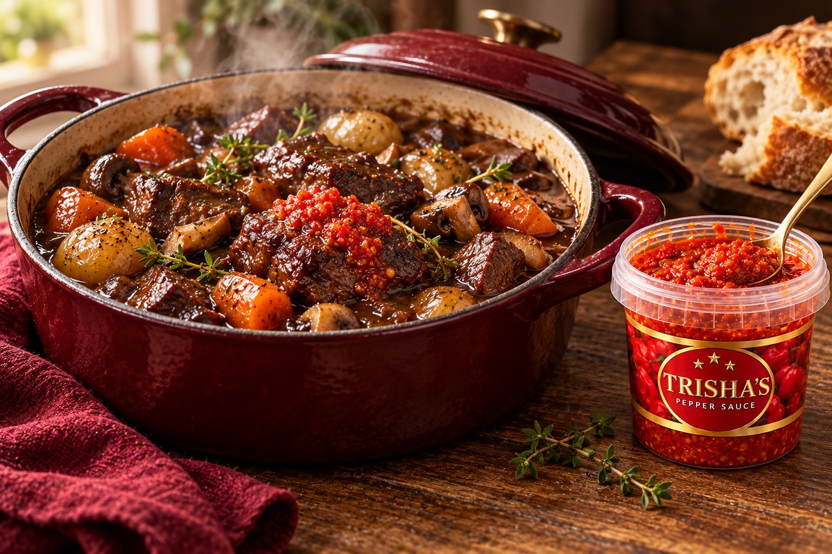 Slow-cooked beef casserole topped with Trisha’s Pepper Sauce beside a branded pot and spoon