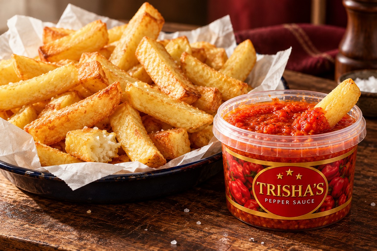 Golden English chips with one chip dipped into an open tub of Trisha’s Pepper Sauce
