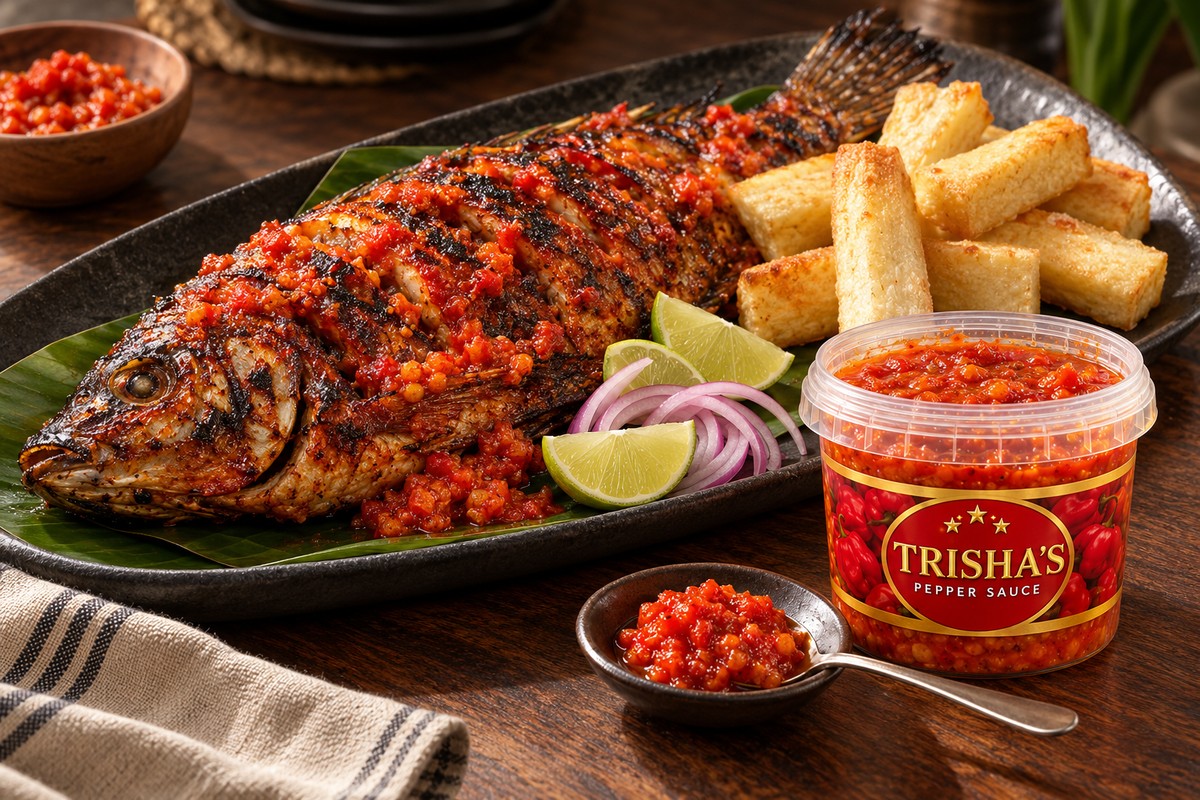 Whole grilled fish with fried yam, red onion and a clearly labelled tub of Trisha’s Pepper Sauce