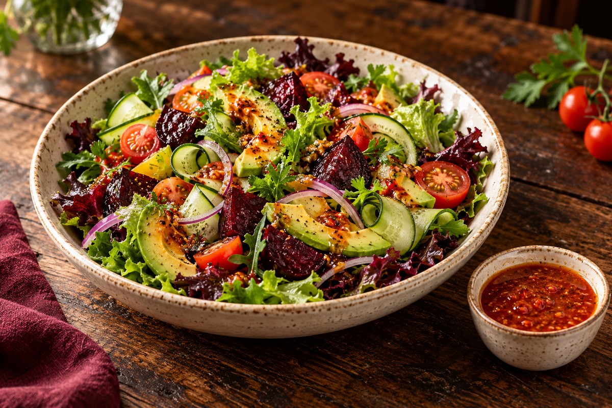 Fresh mixed salad with avocado, tomatoes, cucumber and a small serving of red pepper sauce