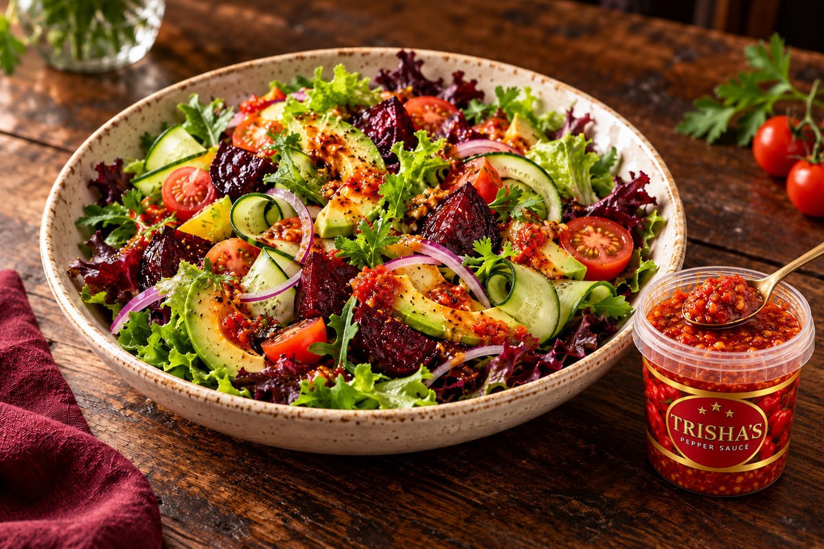 Fresh mixed salad topped with Trisha’s Pepper Sauce beside a branded pot and a spoonful of sauce