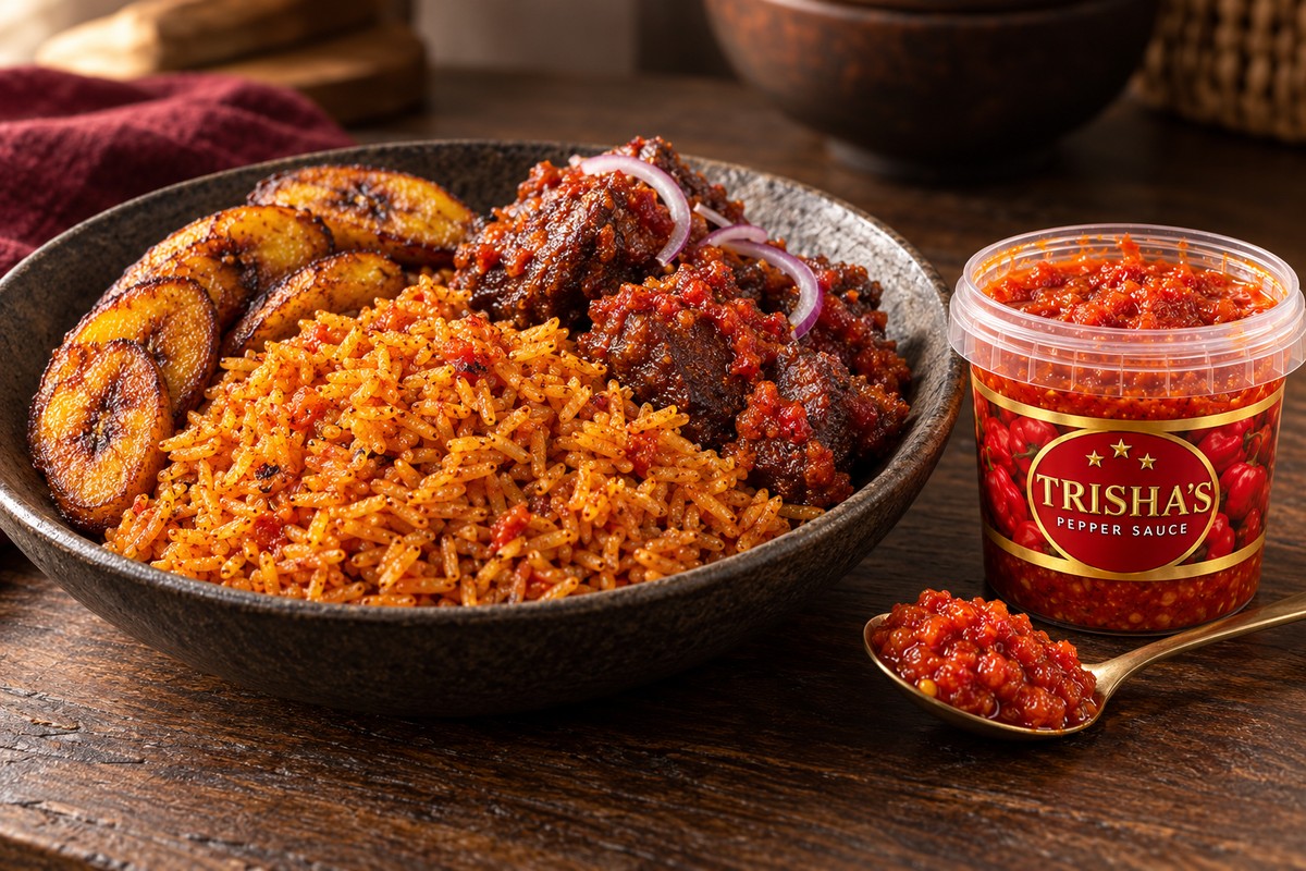Nigerian jollof rice, peppered beef and fried plantain served beside Trisha’s Pepper Sauce