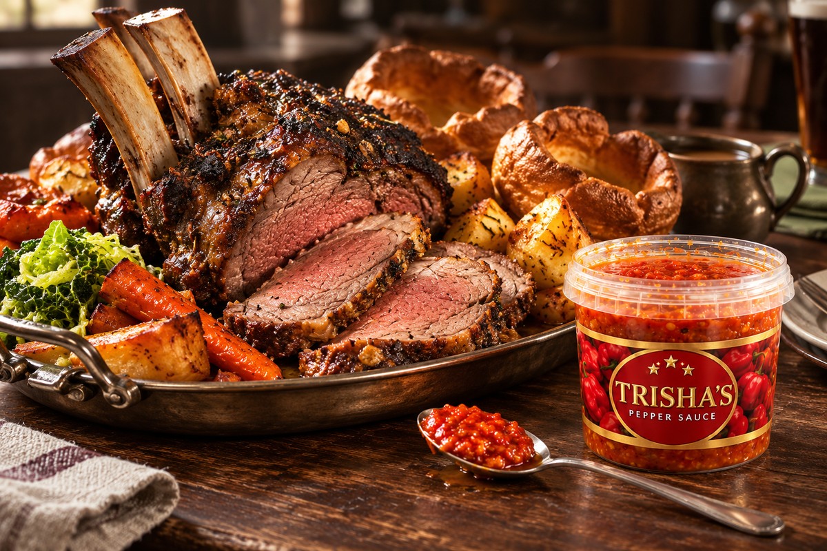 Bone-in roast beef, Yorkshire puddings and roast potatoes beside a tub of Trisha’s Pepper Sauce