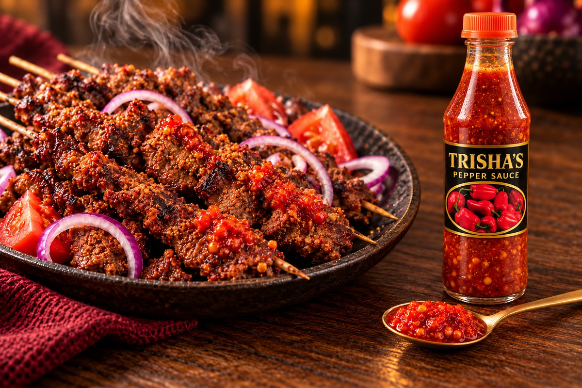 Smoky suya with red onions, Trisha’s Pepper Sauce in its orange-cap bottle and a spoonful of sauce