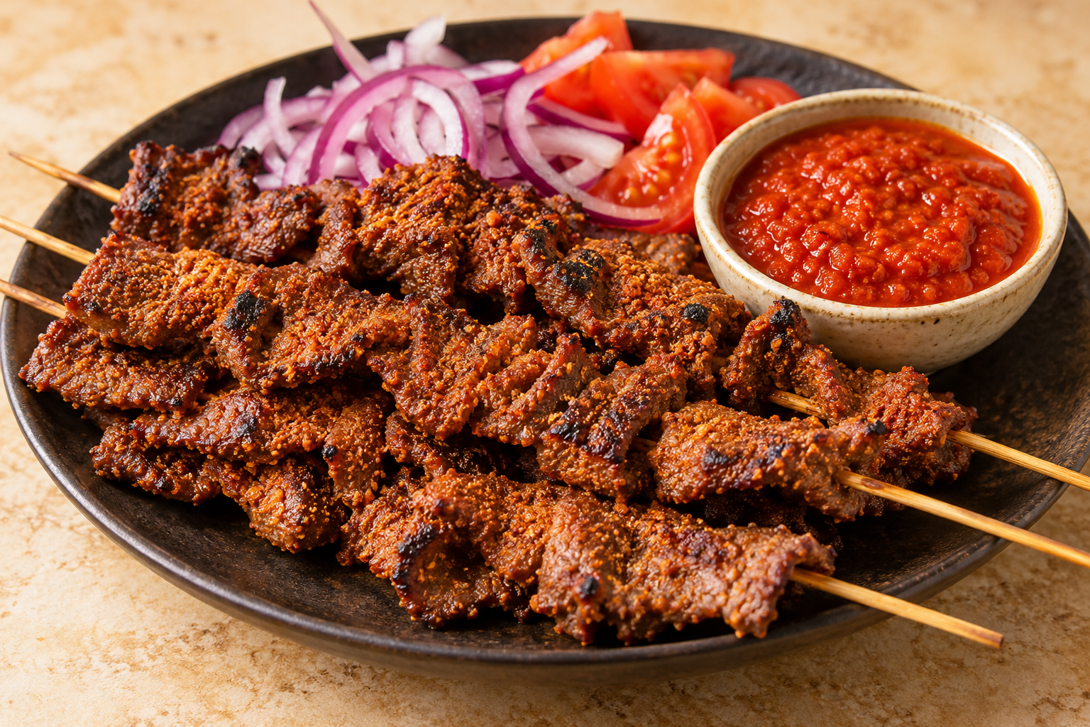 Suya served with onions and pepper sauce